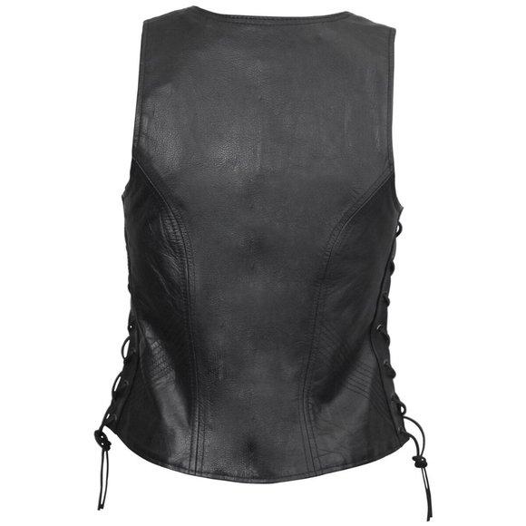 Women's Black Lace Side Zipper Pocket Premium Cowhide Leather Biker Vest - Picture 2 of 13